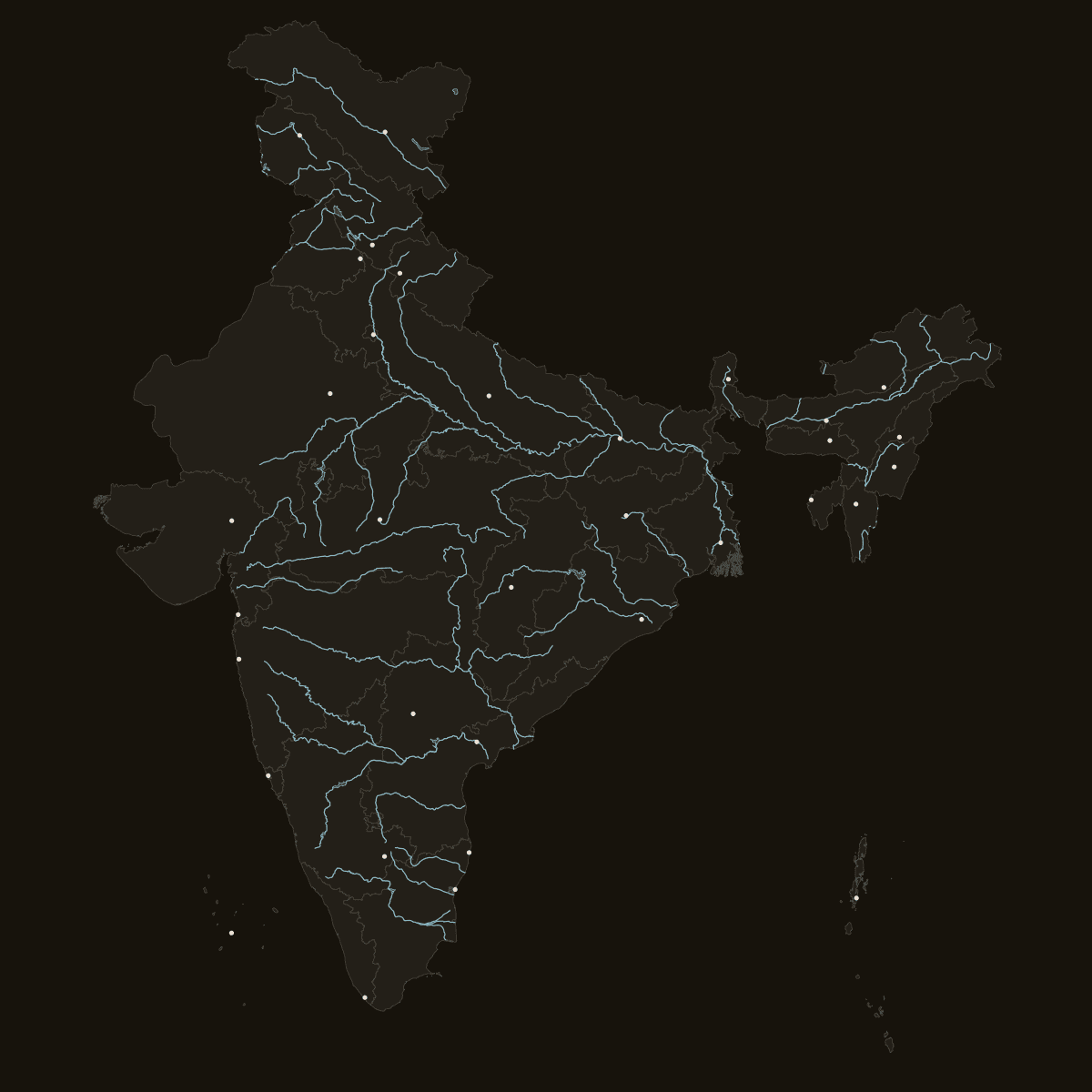 A still of the interactive map of India in its dark theme, showing state boundaries, major rivers and state capitals