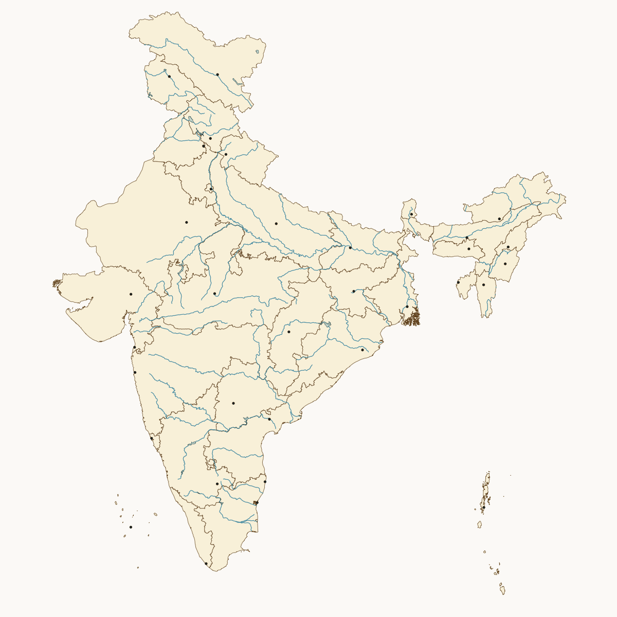 A still of the interactive map of India, showing state boundaries, major rivers and state capitals